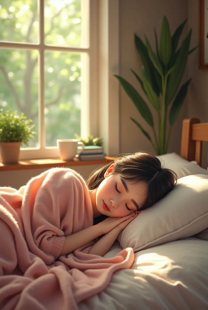 A takes a nap in her bedroom, covered with a flannel blanket
