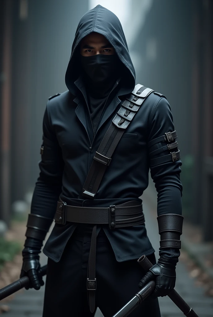 Black suit ninja with dark navy blue hoodie wearing a black mask with a half of oni mask holding double steel sticks with chest weapon holder