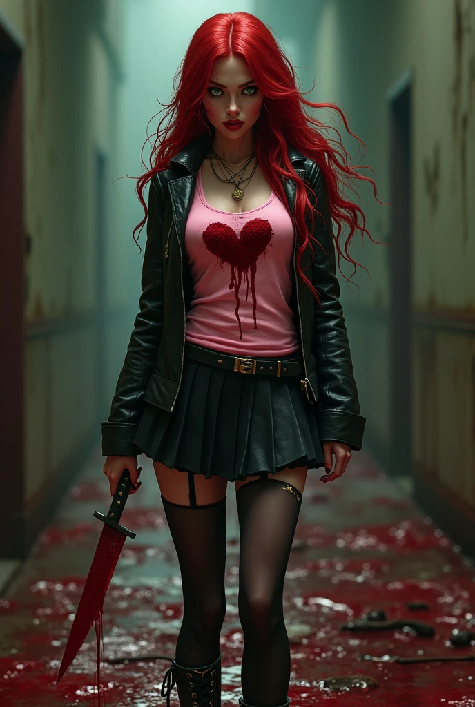 Seductive and Beautiful young woman with a soul of pure evil and hatred. Alluring green eyed, long red haired serial killer wearing a pink tank top with a bloody heart on it, a leather jacket, pleated skirt, tights, and combat boots. Surrounded by blood and bodies.  She cuts the throat of a  viciously, A bloody knife in her right hand. A sinister smile crosses her glossy red lips.