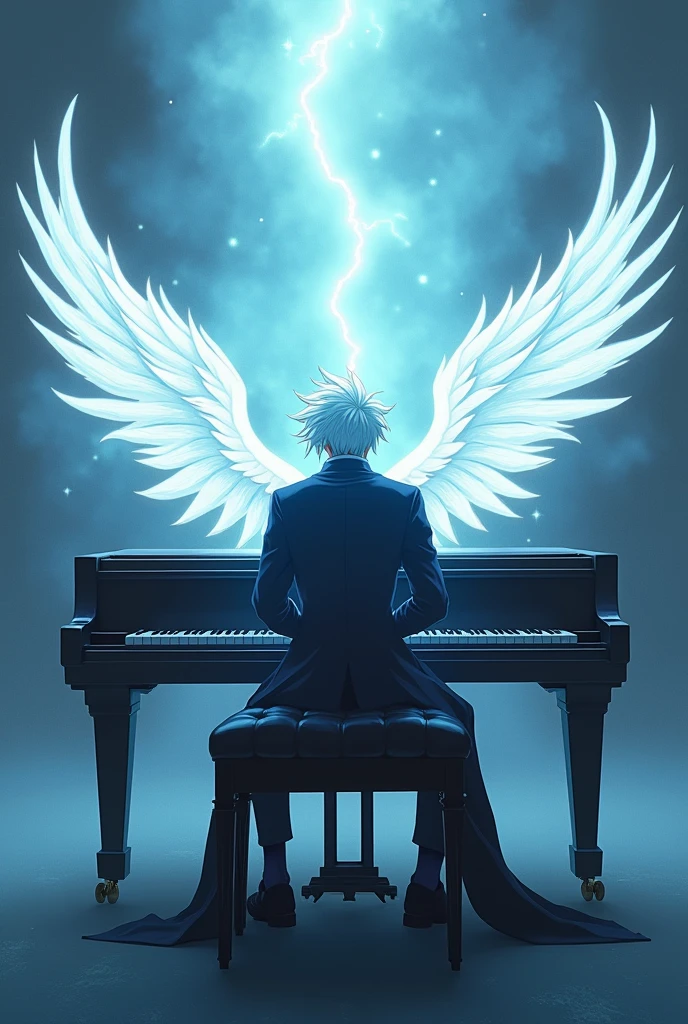 Create a piano with angel wings on its sides, with satoru gojo playing.