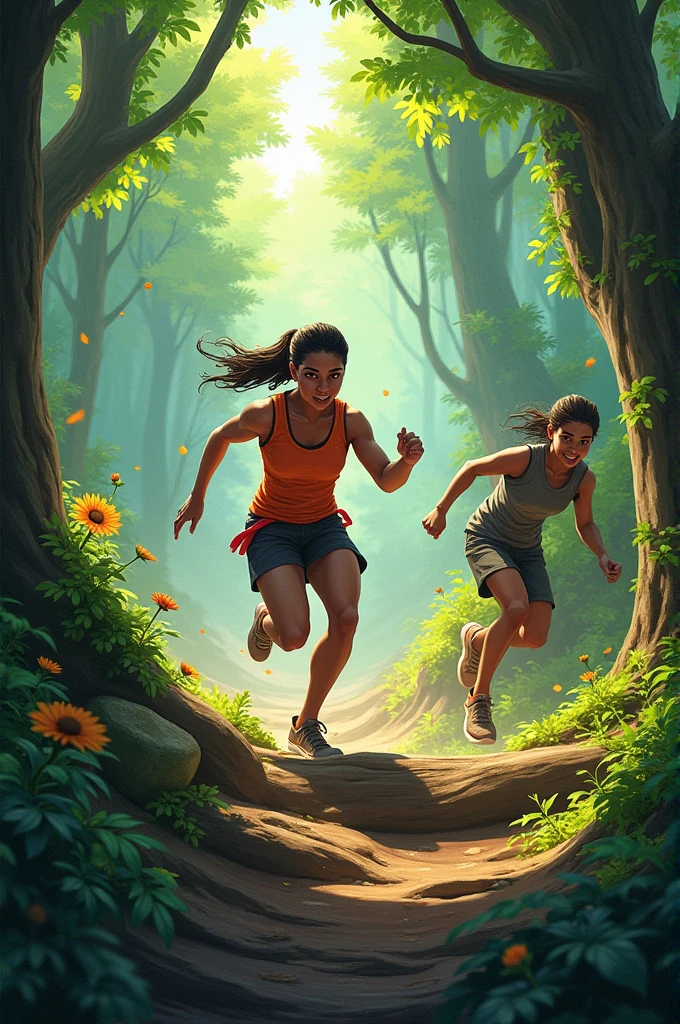 The Race Course:** Illustrate the race route in the forest. What obstacles or challenges did Tara and Ravi encounter along the way?