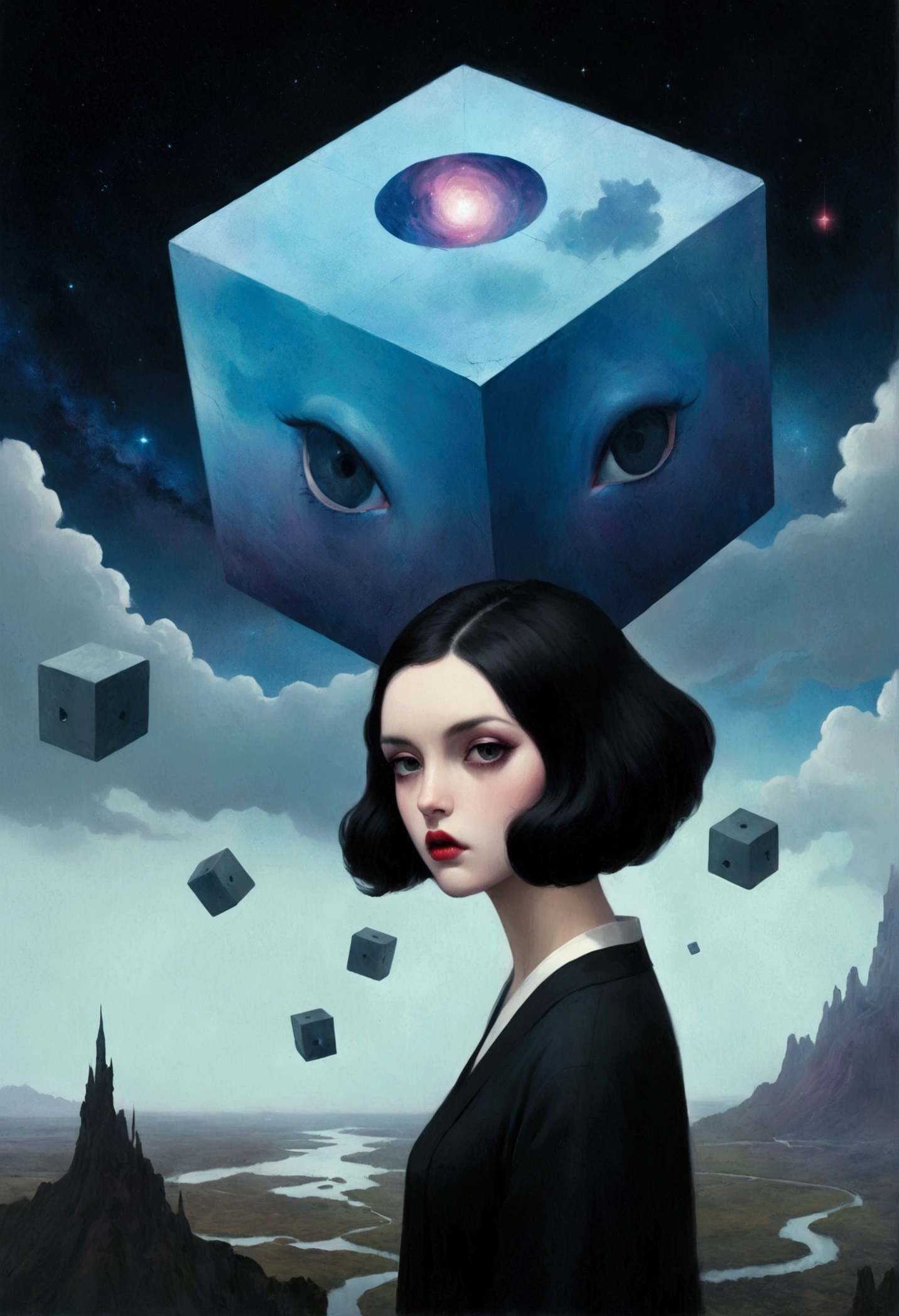 空中漂浮的红色cube， the cube, digital art 4k unsettling, Key Art, 4K surrealism, abstract horror, Hyper-realism 8k, sylvain sarrailh 和 igor morski, Horror Surrealism艺术, yuri shwedoff and tom bagshaw, creepy surrealism, Horror Surrealism, cube，Galaxy，Colorful black