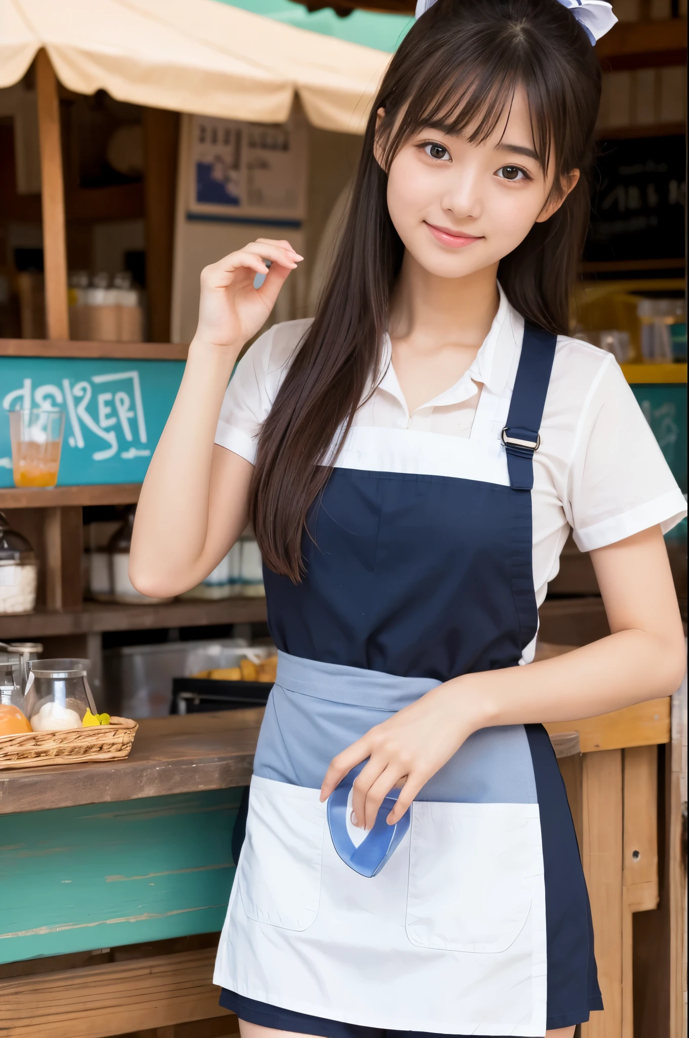 A girl (twenty years old, Japanese cute face) are wearing apron, mini skirt at the beach bar