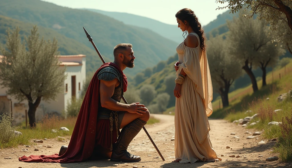 background is a nice greek hilly village, A middle aged greek warrior completely wounded and a spear wounding through his shoulder and blood kneeling before a beautiful greek woman, renaissance cinematic