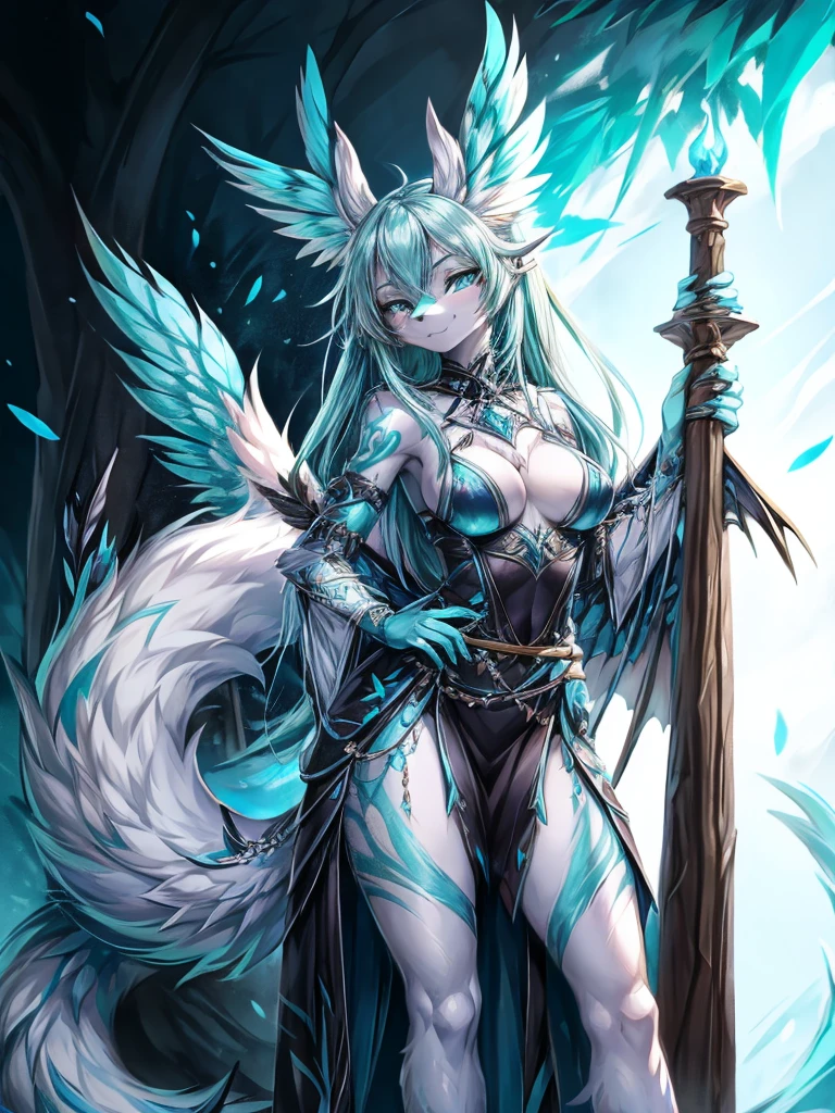 Miku Hatsune, add high definition_detail:1, blue fur,kitsune ears, tribal tattoo add_detail:1, in hell add_detail, barefoot, the same, giant black feather wings add_detail:1 ,alas hermosas la mejor calidad y detail en las flumas, blue saturation light, angewomon costume