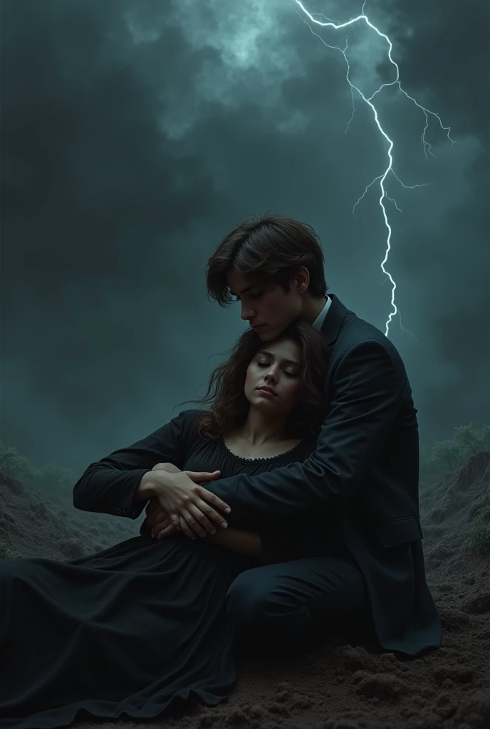 The scene is bloody black area with black clouds rain and thunderstorm a teen boy is seen sitting on the floor crying wearing a suit with brown wavy hair holding his lovers lifeless dead in his arms she's lying wearing a black lehnga with brown medium silky hair with ribbon over her eyes