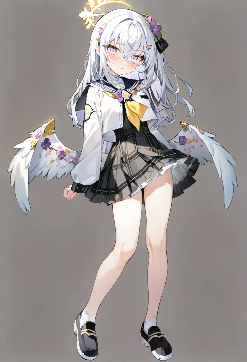 azusa_\(blue_archive\),1girl alternate_costume alternate_hair_length alternate_hairstyle angel_wings feathered_wings full_body halo low_wings medium_hair plaid_clothes plaid_skirt purple_eyes school_uniform simple_background skit sleeves_past_wrists solo white_background white_hair wing_ornament wings yellow_halo
masterpiece, best quality