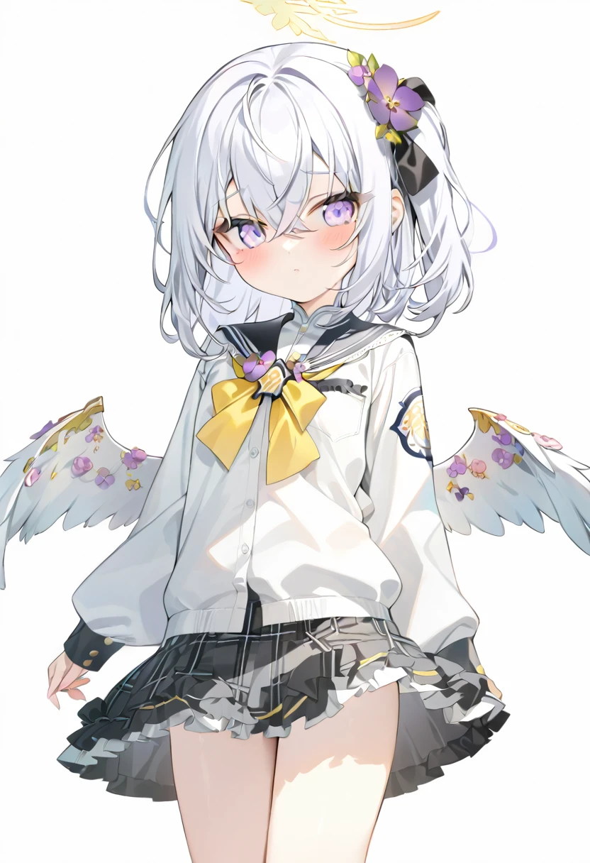 azusa_\(blue_archive\),1girl alternate_costume alternate_hair_length alternate_hairstyle angel_wings feathered_wings full_body halo low_wings medium_hair plaid_clothes plaid_skirt purple_eyes school_uniform simple_background skit sleeves_past_wrists solo white_background white_hair wing_ornament wings yellow_halo
masterpiece, best quality