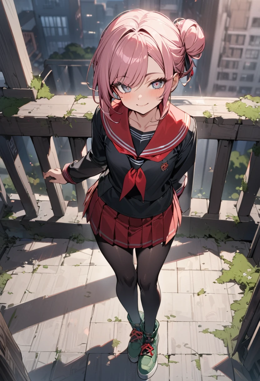 masterpiece, (best quality), (1 ), solo highly detailed, friendly, slight smile, (swept bangs), pink hair, hair in one bun, gray eyes, ((detailed eyes)), seifuku with the leading colors of black and red, black short-sleeved blouse with a red sailor collar, black knee-length pleated skirt, light blue tights, moss green ankle boots, rooftop background, standing
