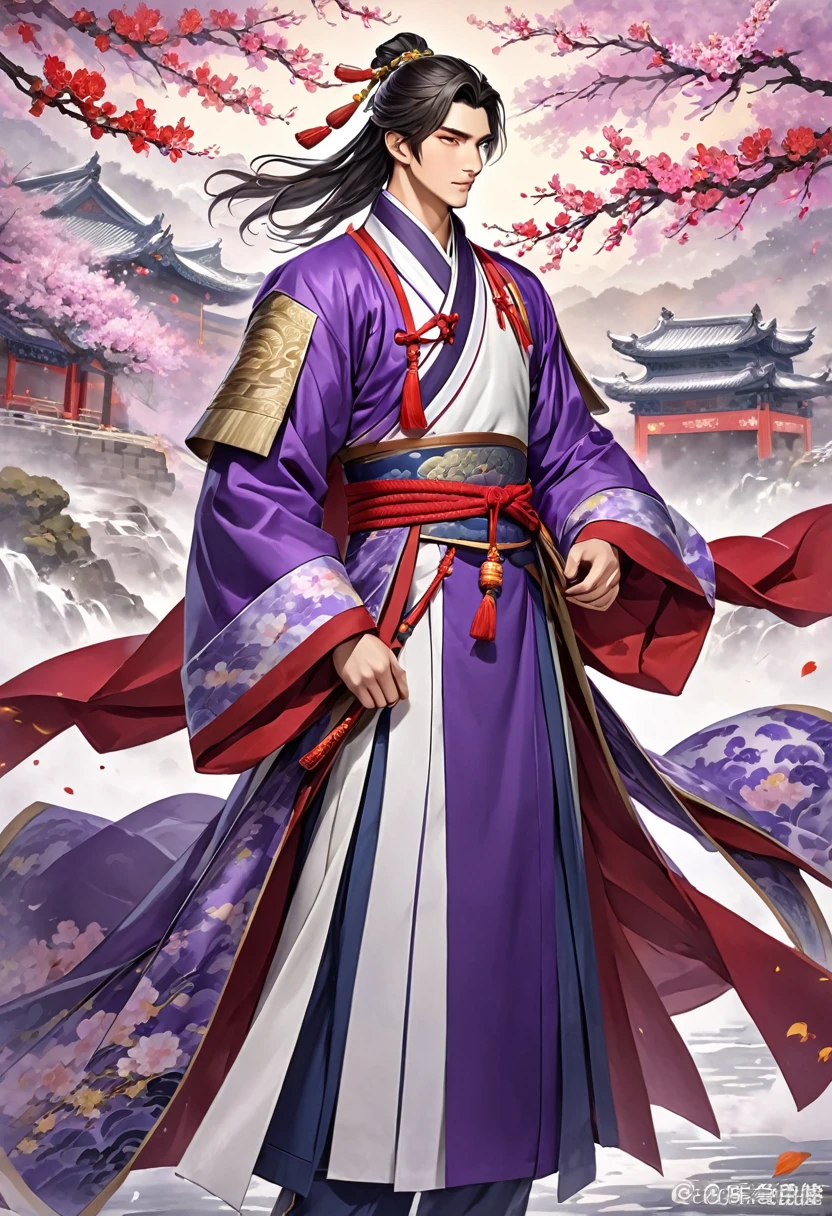 Romance of the Three Kingdoms Zhou Yu, handsome, Full body exposed, Clothes made of a coat, clothes made only of cloth, youth, Purple colored clothes
