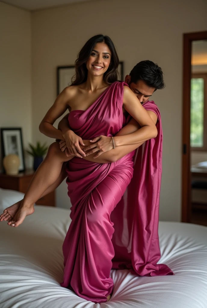 Beautiful and Slim Indian woman in a dark pink silk saree lifting donkey calf raise a large chubby man on her back, in a room with high ceiling, natural smile, woman is looking into the camera , she has placed her hands on the bed, full body image