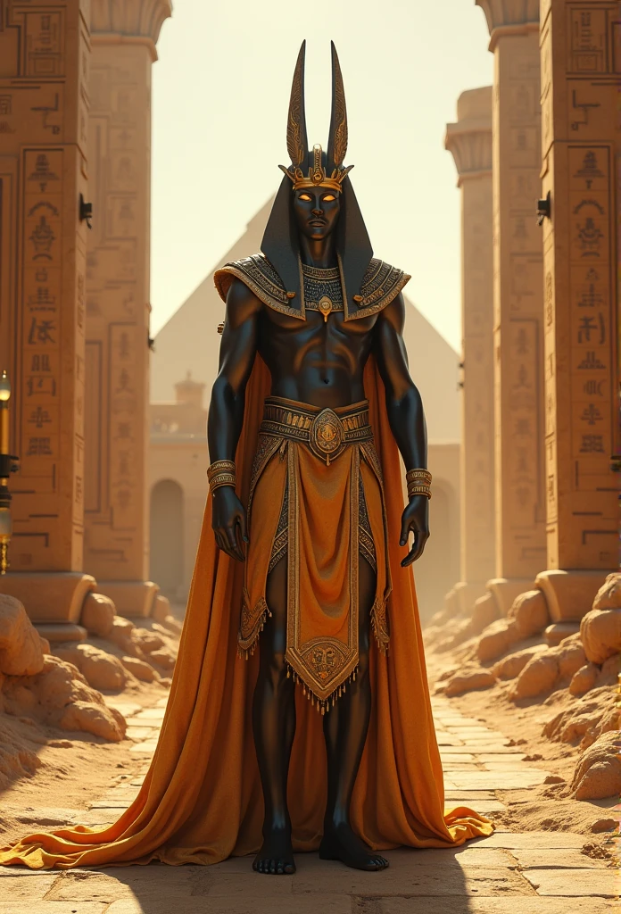 (((Egyptian God))) best quality, ultra-high resolution, 4K detailed CG, master piece,Osiris,god of the dead, Egyptian mythology,pyramids,hieroglyphics,Egyptian clothing, desert,((standing) ) , aesthetic , Beautiful image, centered on the screen, oasis in the background