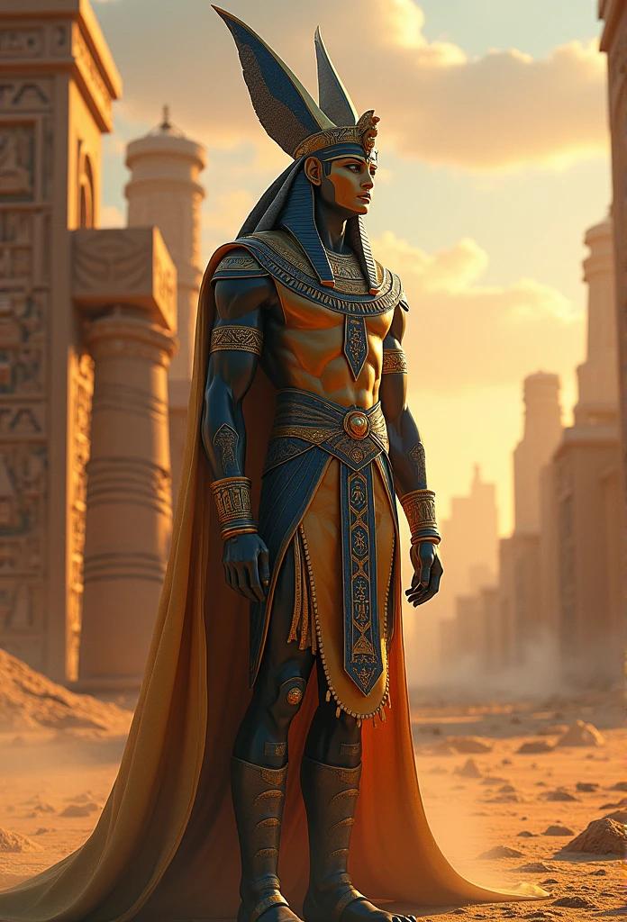 (((Egyptian God))) best quality, ultra-high resolution, 4K detailed CG, master piece,Osiris,god of the dead, Egyptian mythology,pyramids,hieroglyphics,Egyptian clothing, desert,((standing) ) , aesthetic , Beautiful image, centered on the screen, oasis in the background