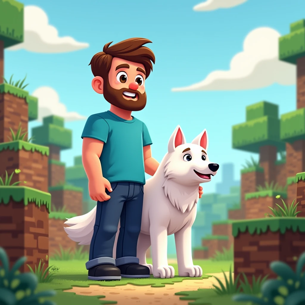 2D cartoon design of a man, brown short hair, brown beard, blue t-shirt, indigo pants, black shoes, human body without cube and his white wolf with real shape without cube in Minecraft land