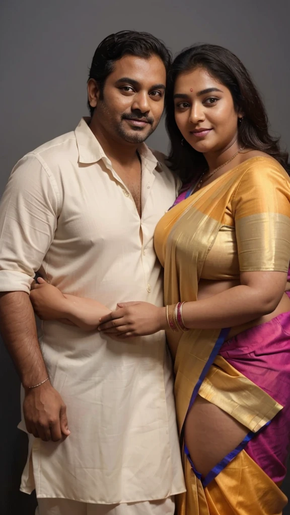 a  50-year-old shirtless man  affectionately hugging and kissing aradiant, full-figured South Indian plus-sized 30 year old teacher wearing a cream silky saree in  dressing room, captured in a full-body image with vibrant hues and meticulous details. Full body image