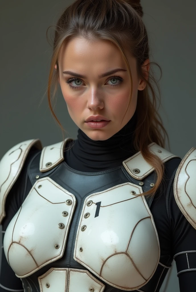 A beautiful woman,White and black armor,MIAC printed on the chest.0,Perfect face,Sarcastic expression,An expression of contempt,Looking at the camera