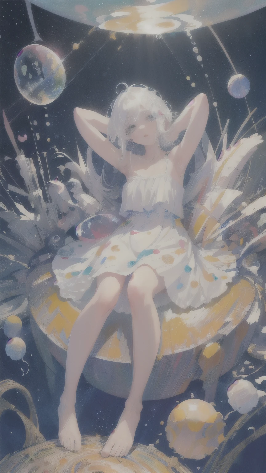 (masterpiece, best quality:1.2), (ultra detailed),(illustration), wallpaper, original,
1girl, messy white hair, spaghetti strap, white dress, bare legs, bare feet, bare arms, space, Earth background, near-earth orbit, full body,
,(surrounded by colorful splashes and dot),colorful bubble,(shining)