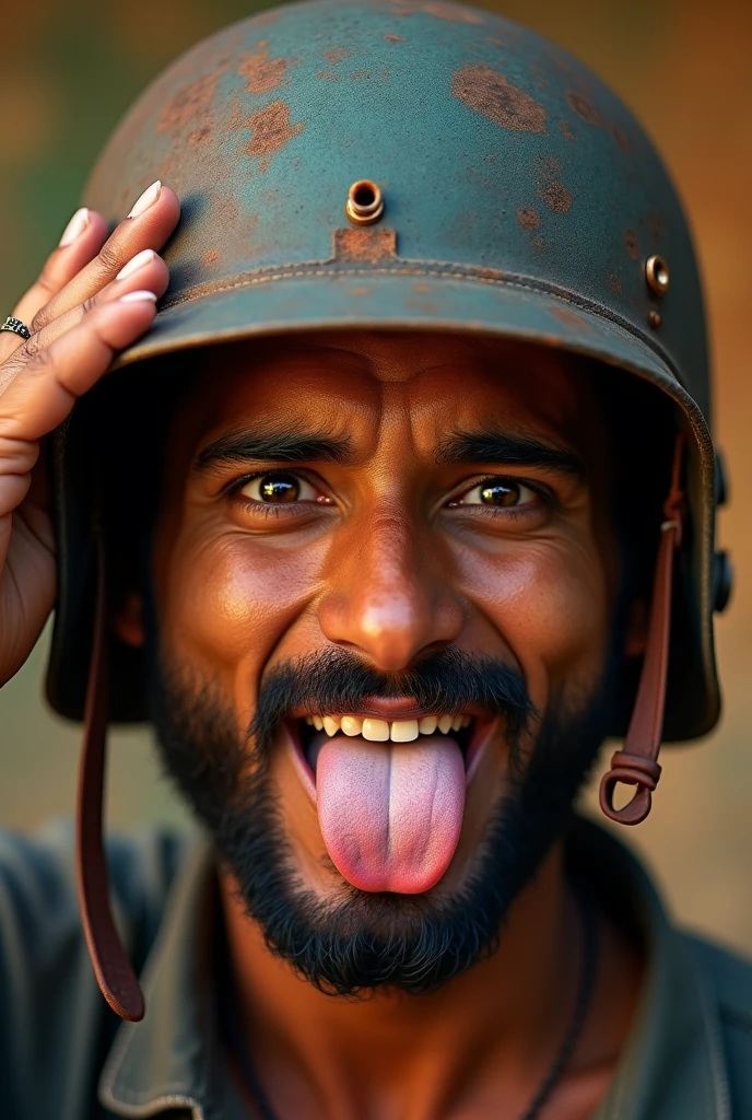 a man in india, 1 man, wearing a helmet upside down, godox lighting. Ahegoa. Tongue out out side lips, bite his tongue, portrait photography, high quality, photorealistic, detailed facial features, detailed eyes. One hand on forehead, detailed nose, detailed lips, detailed skin texture, dramatic lighting, cinematic atmosphere, dynamic pose, environmental details, vibrant colors, warm color tones, natural lighting, sharp focus, 8k, best quality, masterpiece. Rusty helmet