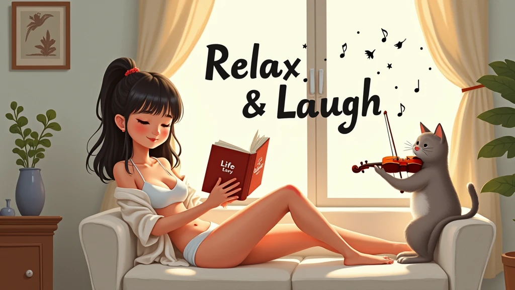 A cute girl wearing a white bikini and a thin white shirt is relaxing on the sofa., music headphones, and read a book titled “Life is easy”. There are five little birds singing notes outside the window.. A cute cat is playing the violin., and all around there are flying musical notes. There is a line on the wall "Relax & Laugh” to,written in bold black. The painting gives a feeling of peace and relaxation..