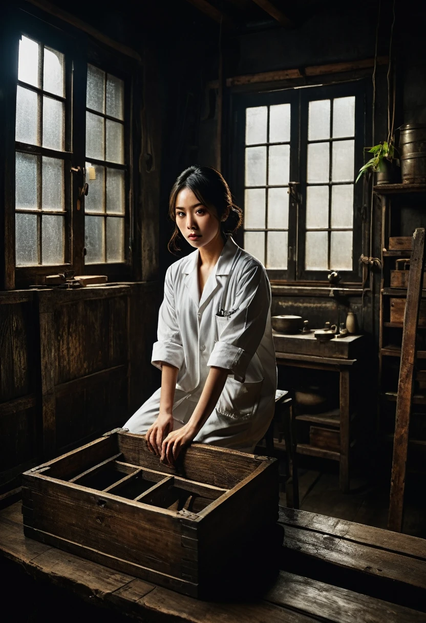 Misaki Sato, a genius botanist; a beautiful girl, bound hand and foot to a steel pole in the center of the back side, unable to move; a determined figure; a lab coat that remains clean; sweat beading on the forehead; a warehouse; a high ceiling with bare beams; light streaming through the window; a spotlight from a suspended bulb; machines and wooden boxes casting ominous shadows; tense atmosphere. contrast Noirish lighting, gritty textures, thriller film stills, strong gaze, intricate detail, faded, highly detailed eye, highly detailed eye, 16k resolution, RAW, creative, masterpiece, fantasy, super detailed, high resolution, high quality, 8k, realistic, super detailed Dramatic Lighting, Soft Focus, Digital Illustration, Intricate Mechanics, Advanced Techniques, Dark Backgrounds, Cinematic, High Contrast, Moody, Strict, Atmospheric, (Top Quality, 4k, 8k, High Definition, Masterpiece: 1. 2), Ultra-Detailed, (Realistic, Graphic, Photorealistic: 1. 37) -- No glass --AR 16:9 --Stylize 1000