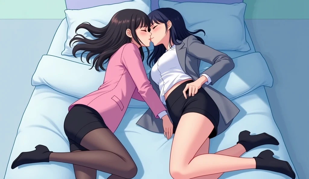 Two girls, long black hairs, yuri, lesbian.
The first girl wear a pink suit jacket, white shirt, black pencil skirt, black underpants, black tights, short black socks.
The second girl wore a grey suit jacket, white shirt, black pencil skirt, black underpants, black tights, short black socks.
french kiss, lesbian kiss, sensual body, lying on the bed, straddle, insert one hand and touch the black underpants, insert finger into the pussy, closed eyes, light blue bedroom, novel cartoon, 4K, HD