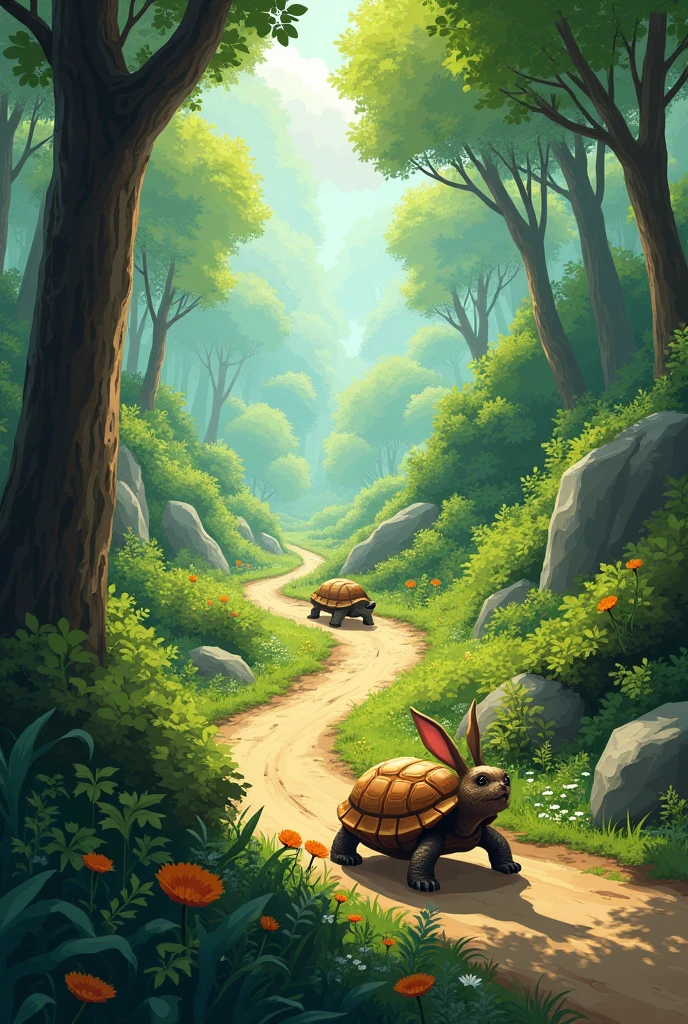 The Race Course:** Illustrate the race route in the forest. What obstacles or challenges did tortoise and rabbit encounter along the way?