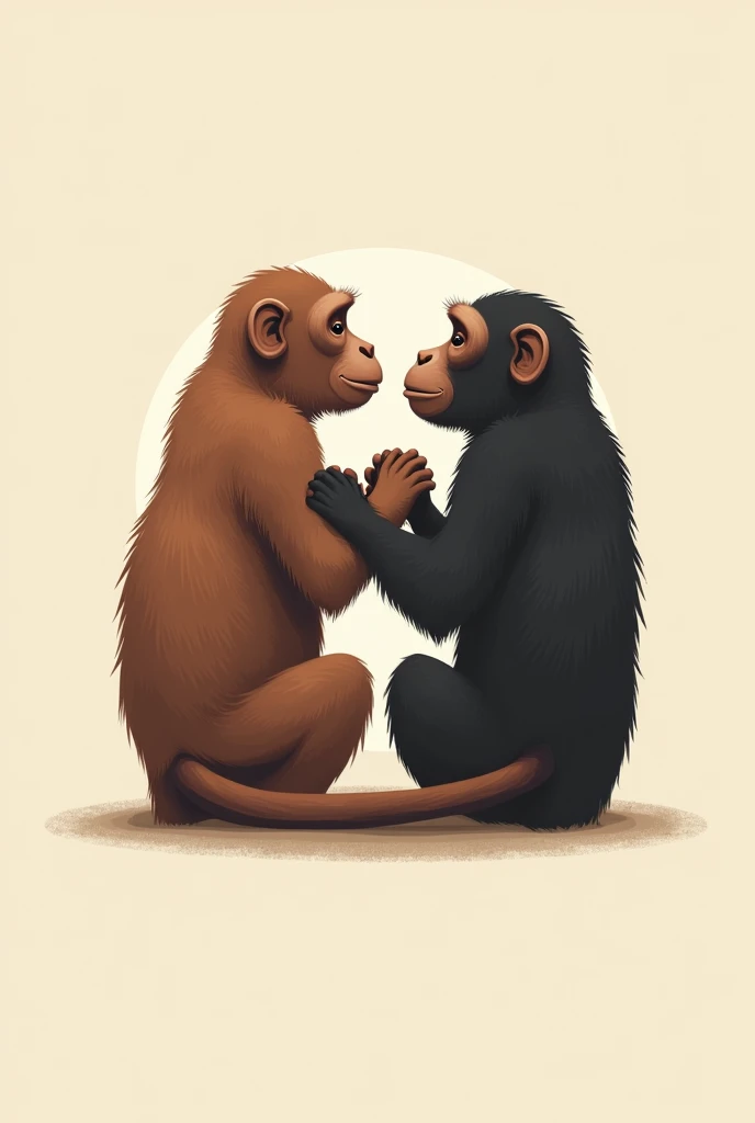 Tshirt logo. Bonobo two holding hands, seen from behind. 
