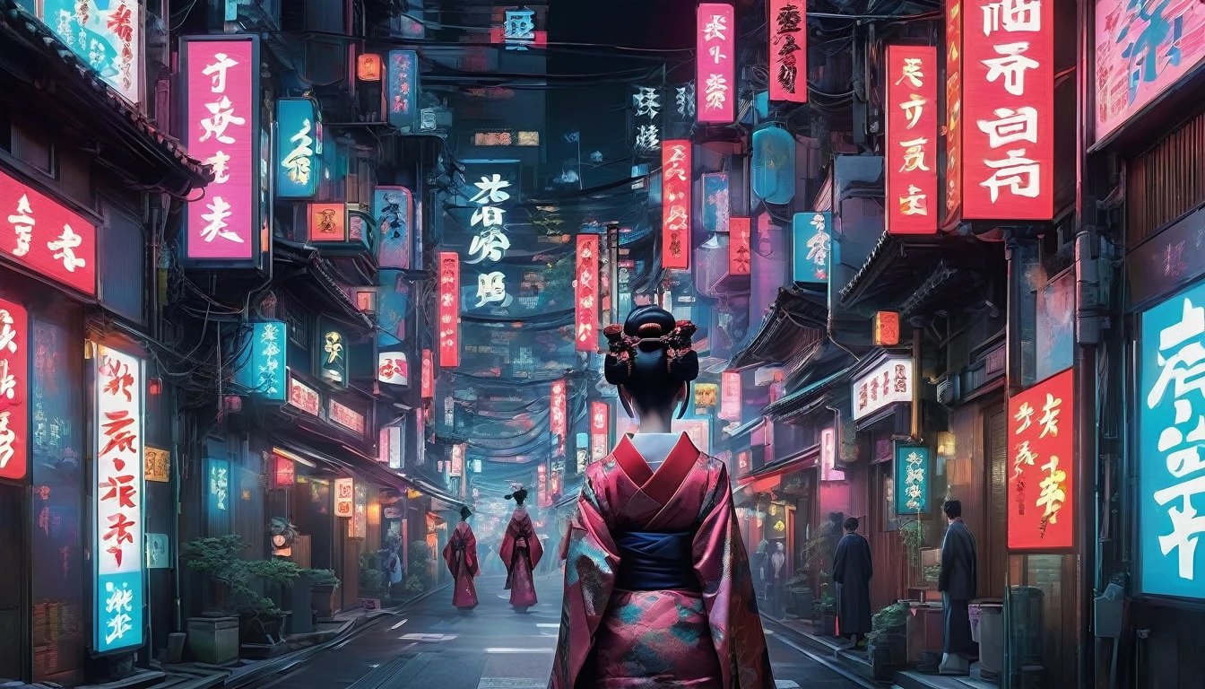 Navigate the labyrinthine back alleys of Neo Tokyo, geisha, kabuki　Cyberpunk: Navigate the digital world with grace. Traditional kimonos are intricately woven with circuit patterns, she balances the elegance of geisha with the prowess of a hacker. Neon illuminated Chinese characters illuminate the background、She interfaces seamlessly with the holographic interface., Embodying the fusion of ancient elegance and technology , 