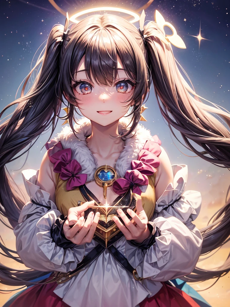 One girl, Twin tails, accessories, Earrings, accurate, chest, happiness/joy, Bright Eyes, Simple Background, Sparkle Effect, stereofuturism, crystal、
fortune teller、Angel Halo, Long Hair, , Heart-shaped eyes, star