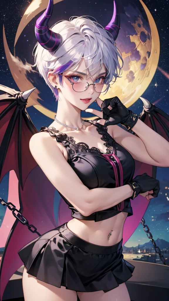 8k, masterpiece, best quality, highly detailed, 1 girl, tiefling, warlock, pixie cut, multicolored hair, very short straight hair red highlight hair on white hair, strippled hair, wearing glasses, round glasses, earrings, navel piercing, red eyeshadow, long eyelashes, blushed cheek, red lips, pearl necklace, rings, collarbone, mole on face, glamorous, teal and purple clothes, sleeveless, miniskirt, smirk, close up view, rings, looking at viewer, demon horns, solo, starry sky, pale blue moon, standing, boxing stance, demonic arms, chains on the background, black lace gloves.