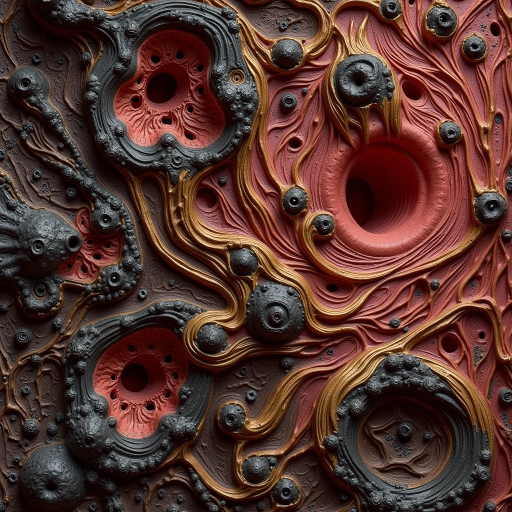 an organic and fleshy surface.((conflict, aggressive,anger,antagonist)),((black, red, golden brass)),((deep wiew)),photographic,ultra high resolution,hyperdetailed, masterpiece, 3d modelling, digital art, abstract art.