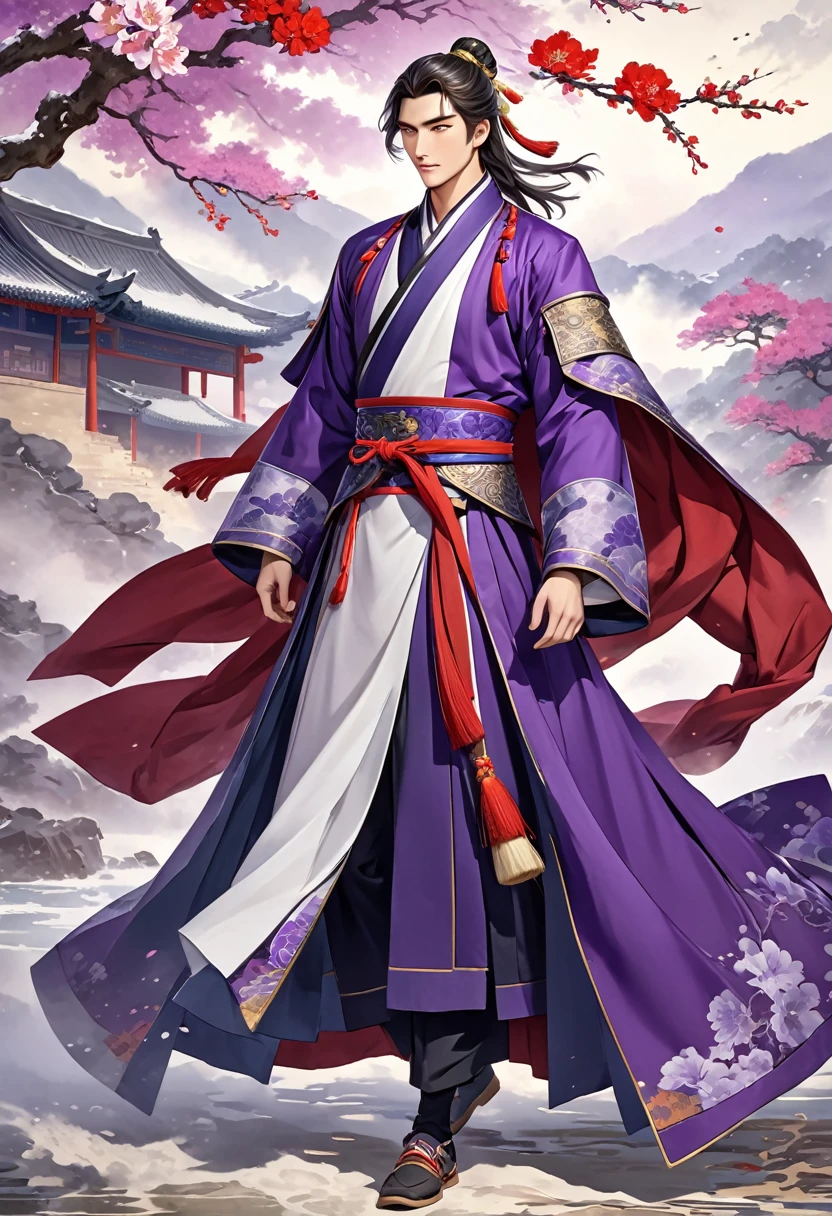 Romance of the Three Kingdoms Zhou Yu, handsome, Full body exposed, Clothes made of a coat, clothes made only of cloth, youth, Purple colored clothes