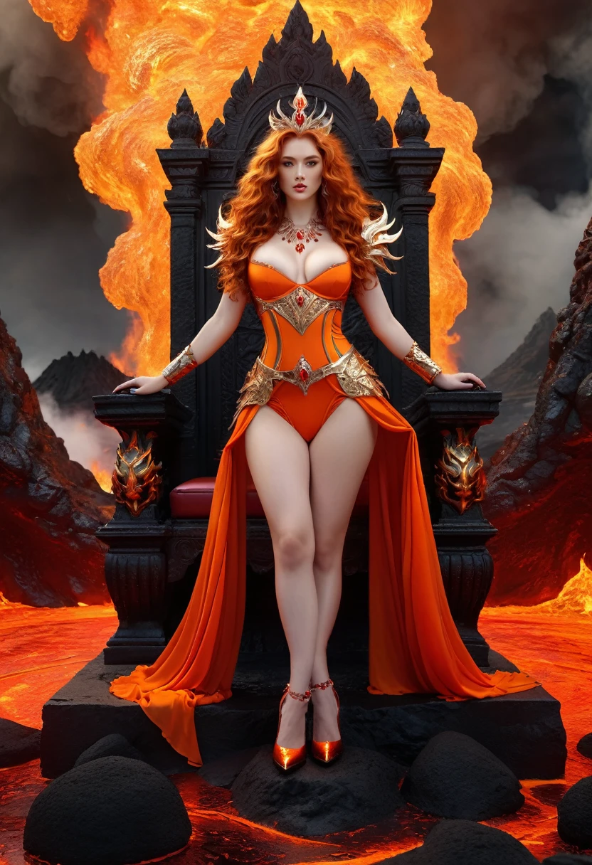 Sexy fire goddess, long flaming ginger hair, (very curly hair, very long hair, windblown hair, bushy voluminous hair), deep scarlet eyes, sparking dangerous eyes, sharp jawline, thin but hard mouth, (((broad shoulders, massive breasts, tight waist, thicc butt and thighs))), (loose translucent mesh scarlet silk blouse, extremely tight scarlet bra worn under her blouse, orange high heels with gold jewels, orange stockings with red flame designs, scarlet skirt with black armored chains, fiery red gold crown), orange metal gauntlets with red flames emanating from them, dual-wielding swords made of hard reflective ruby, flaming sword hilts, powerful goddess, standing before her throne of fire in a volcano, powerful and sexy standing pose, goddess’s throne room in the base of a volcano, lava, very intricate and detailed background scene, highly detailed, goddess, powerful, sexy, real, quality 3D and hyper detailed fantasy art of a mythical goddess, well-framed close photo of her full body