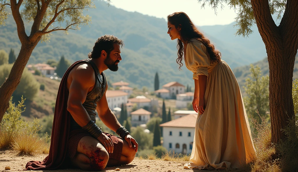 background is a nice greek hilly village, A middle aged greek warrior completely wounded and blood kneeling to be healed before a beautiful greek woman, renaissance cinematic 