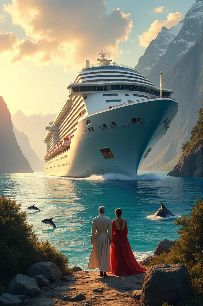 Far pic of a giant cruise ship and king and queen walking in front to see sunset and mohntans very far and dolphins jumping around