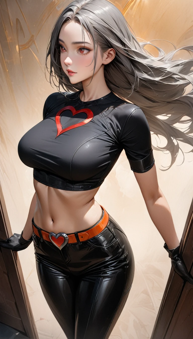 Young woman, superhero, tall posture (hair (gray, straight, chest length)) (black tight shirt (crop top, deep neck, short sleeves)) showing navel. black leather pants small black boots Large orange belt with red heart-shaped buckle. Thin black gloves. Stand up straight.
Above background is Jupiter (UHD, ultra realistic Special details, masterpieces, best quality)