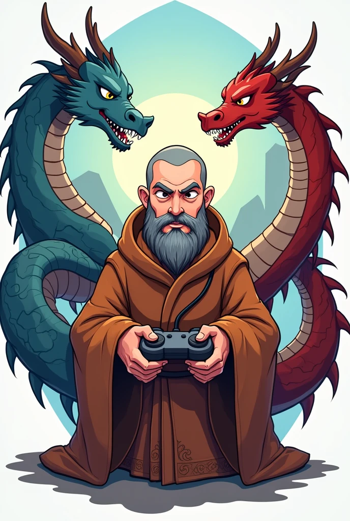 Unique gamer logo  for youtube where monk holding joystick with cartoon type where blue and red dragon sitting beside him and photo should be protait form
