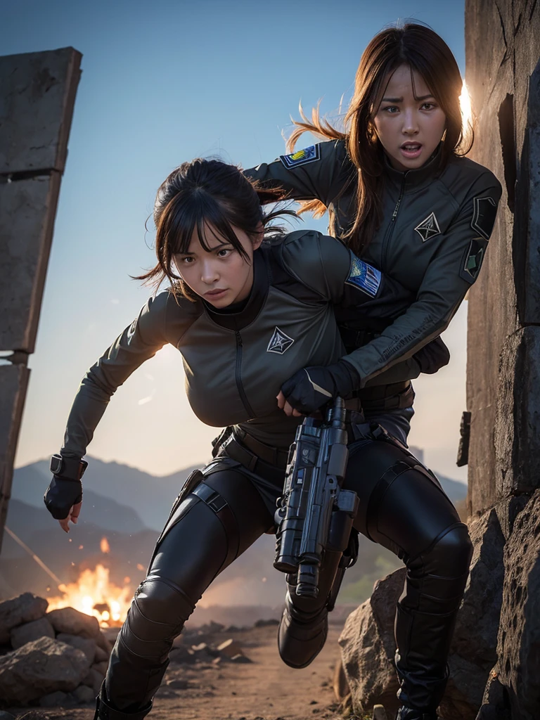 A woman in combat gear being attacked by aliens