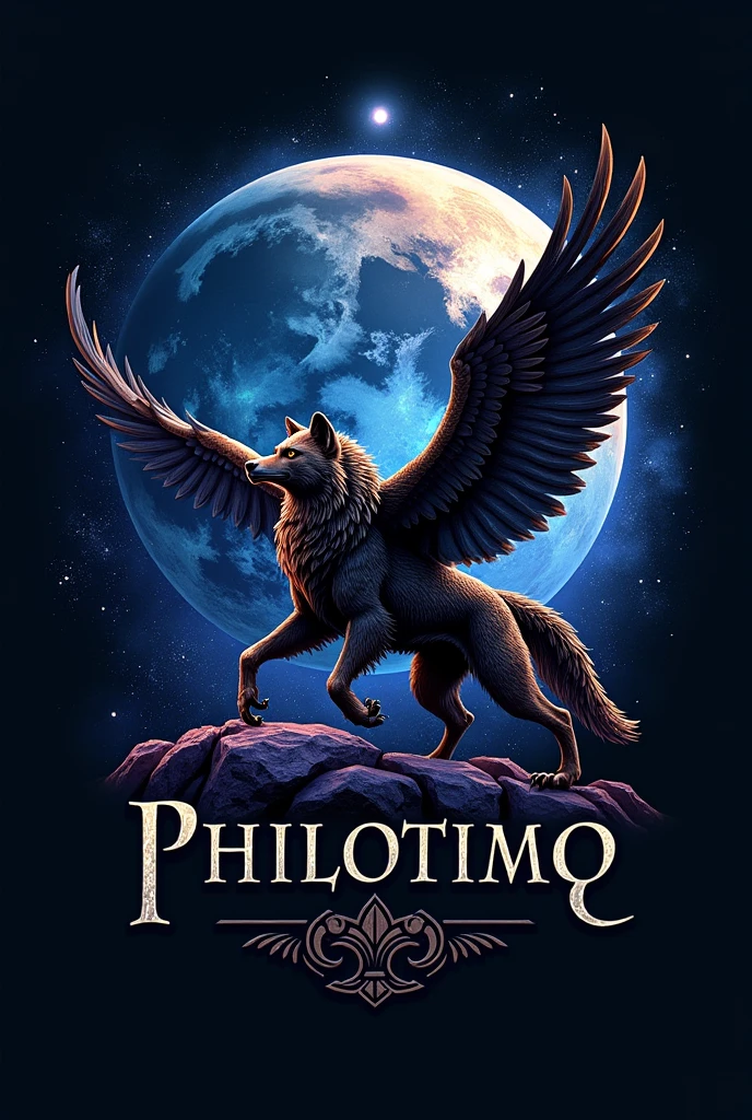 Wolf and Eagle with "PHILOTIMO" text on it and have a Galaxy and Venus on it's Background in a Logo type