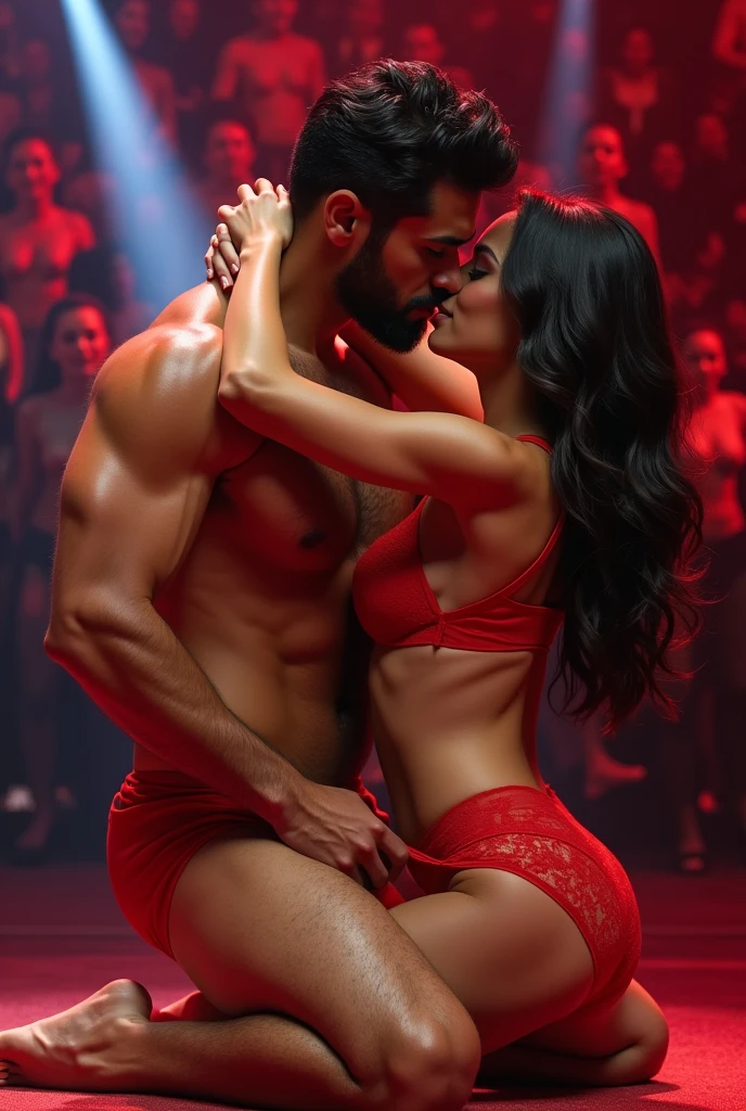 A young Puerto Rican hairy bearded strong muscular man in red bulge underwear sitting on the floor hugs and kisses a beautiful woman in red panties sitting on the floor who pulls down his underwear, in performance on a stage of a television program presented by a famous presenter.
