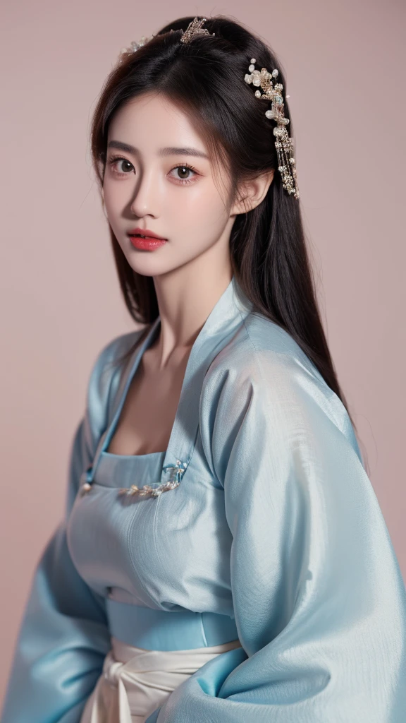 （lifelike,high resolution：1.3）， A slim girl， The face shape and eyes are super delicate,black hair,red glossy lips,(beautiful face), (best quality), (Super detailed), (Extremely detailed CG unified 8K wallpaper),((Hanbok)),(White background),(cleavage),sexy look,big eyes,(standing),(Slim waistline),perky breasts,soft breasts,very realistic breasts,sexy pose,(big breasts),Character centered