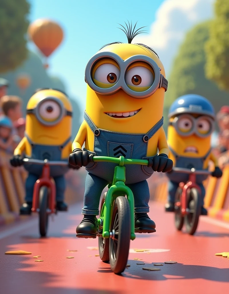 Minion Kevin sits on a green bike and starts a bike race with other Minion contestants 
