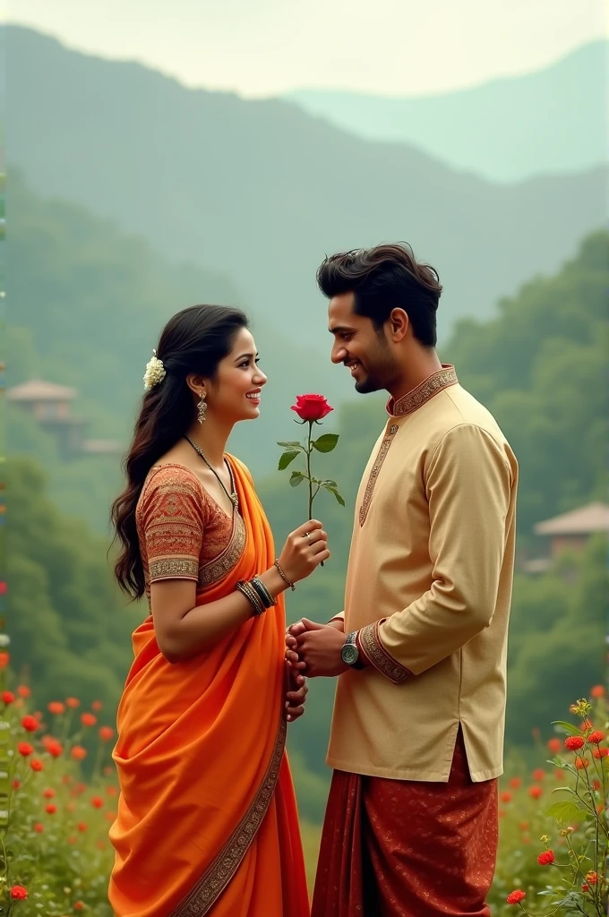 Beautiful nepali couple giving rose
