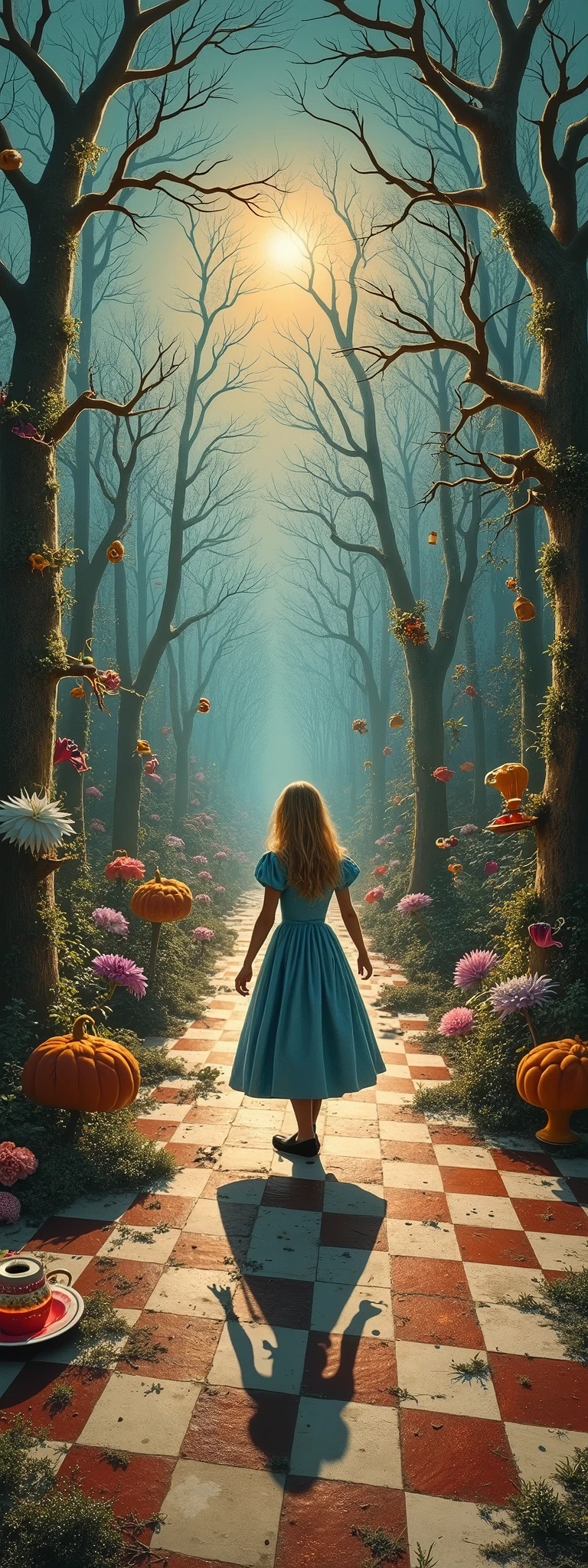 
In the middle of the image is Alice\(Alice in Wonderland,, wondering\), in the world everything is wrong, A Mad Tea-Party, wrong perspective, wrong distance, very out of balance, psychedelic world, time interval is wrong, up-down relationship wrong,The direction of gravity is not correct, the relationship between light and shade is wrong, the shadow of Alice is in a different pose, work by Salvator Dali, collage of realistic photographs, planar expression, many strange creatures,Very flat world,Surrealism, Trompe l'oeil,Apply a squishy distorted filter,Rorschach test picture,very famous outsiders' art