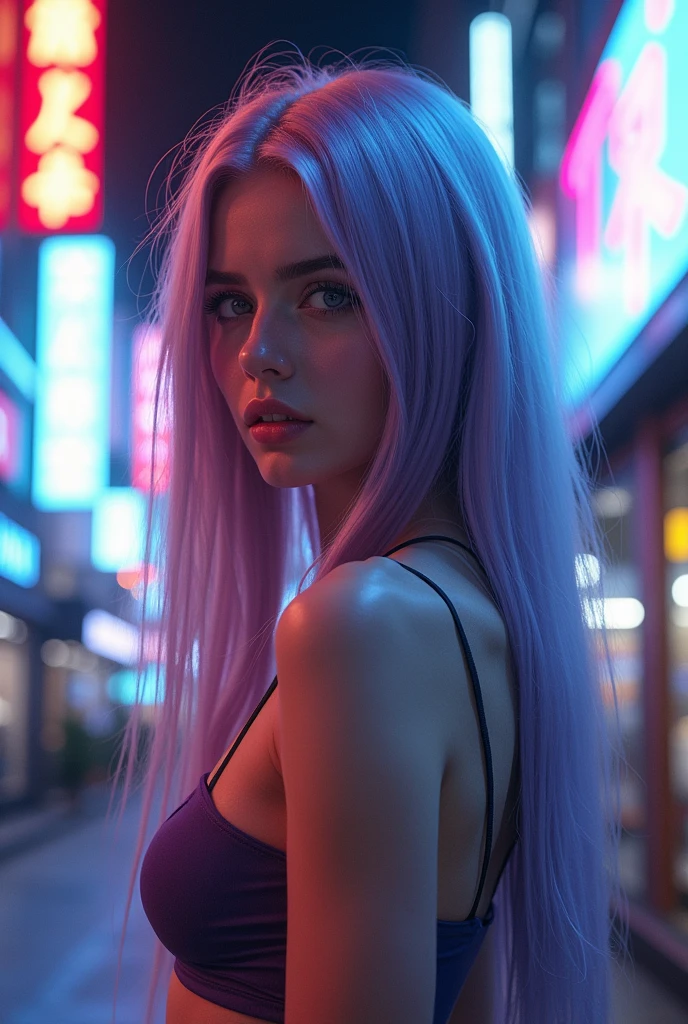 photorealistic fashion portrait, frog perspective, white woman, silver/violet straight hair, long hair, leaning on camera, city lights, neons, fashionable pants, futuristic crop top, futurism