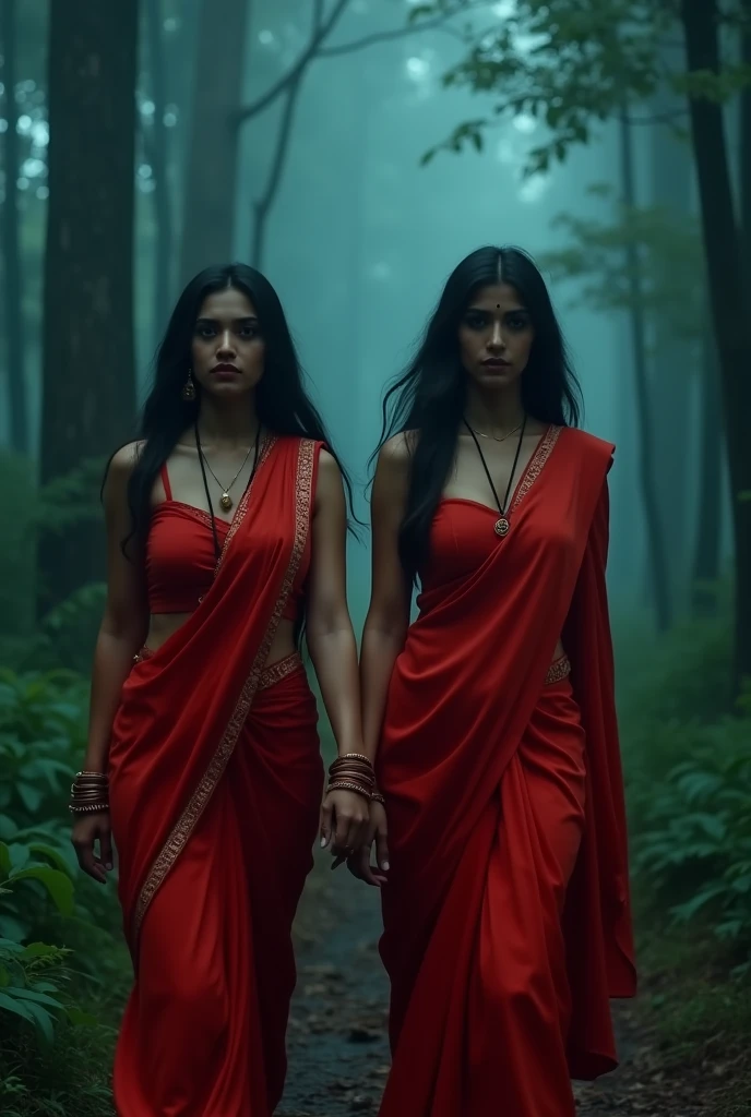 In a close-up shot of a night scene, a cinematic photograph captures the essence of two beautiful girls wearing red sarees, walking through a forest at night. Their hourglass figures and big, curvy cheeks are accentuated by the ethereal lighting. Both girls have C-cup breasts and wear necklaces, with their hair tied in ponytails.
The photograph showcases intricate details and is inspired by the artistic style of ArtStation. As the girls gaze at the camera, their presence is both captivating and enchanting, immersing the viewer in the magical ambiance of the scene.