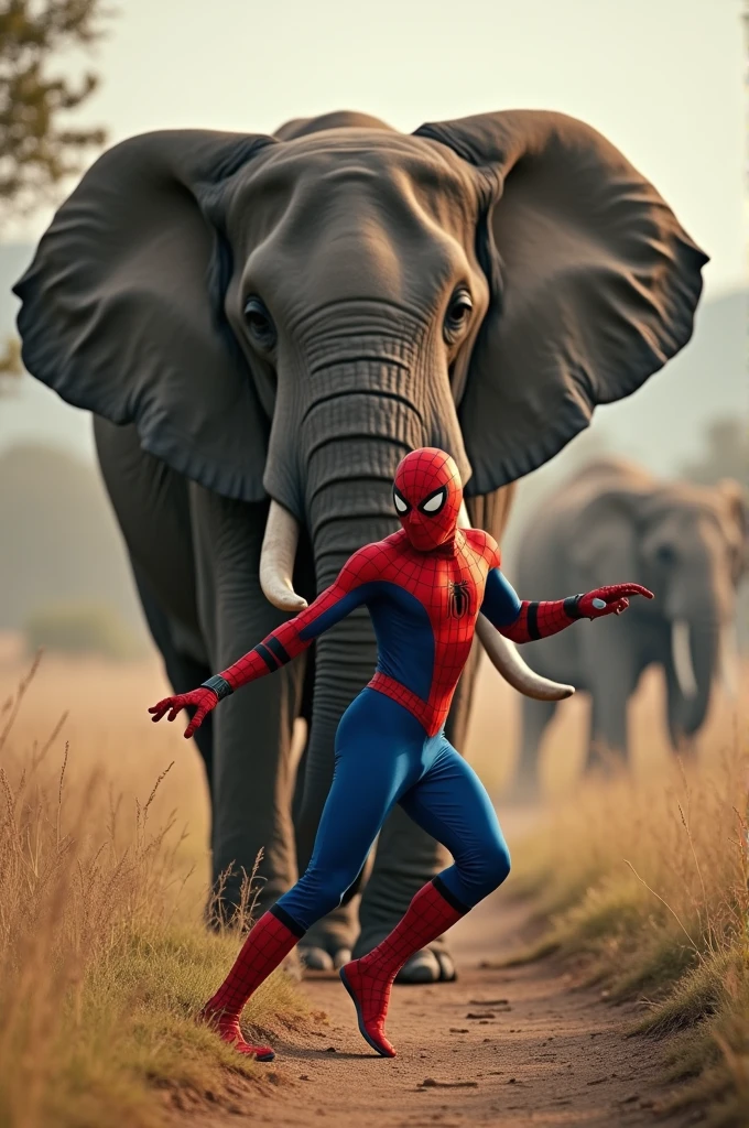 Spiderman dancing in front of elephant 
