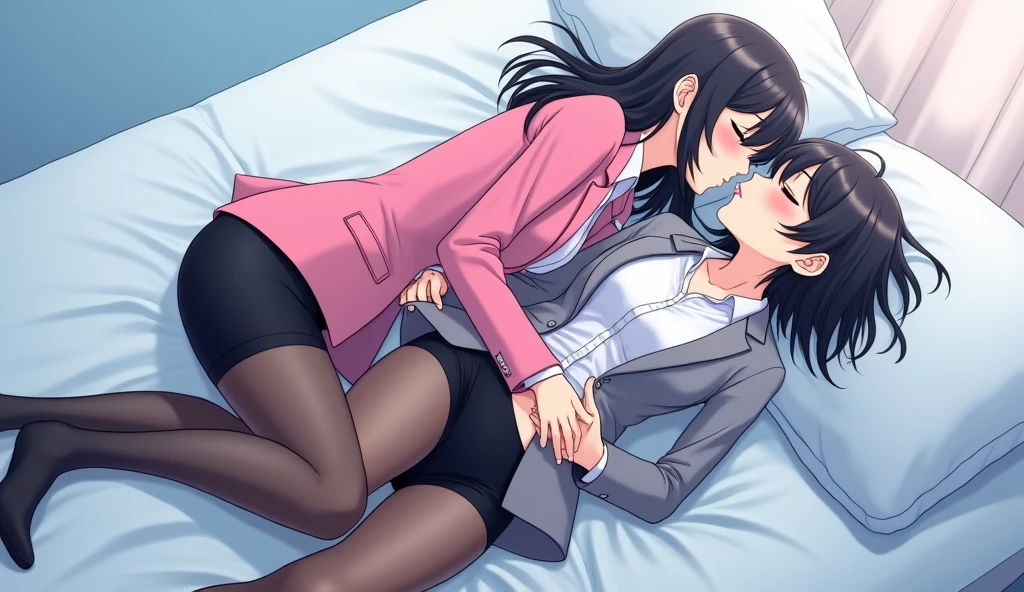 Two girls, long black hairs, yuri, lesbian.
The first girl wear a pink suit jacket, white shirt, black pencil skirt, black underpants, black tights, short black socks.
The second girl wore a grey suit jacket, white shirt, black pencil skirt, black underpants, black tights, short black socks.
french kiss, lesbian kiss, hot kiss, sensual body, lying on the bed, straddle, insert one hand and touch the black underpants, insert finger into the pussy, closed eyes, light blue bedroom, novel cartoon, 4K, HD