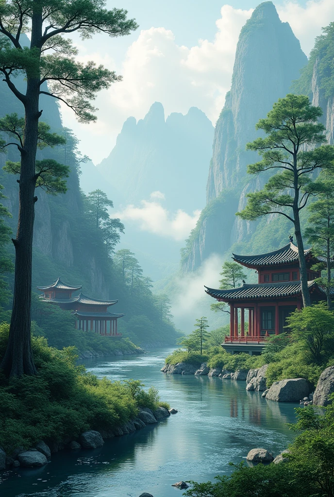 Generates only a realistic image background, surrounded by tall pines and a river flowing nearby, with misty mountains and lush vegetation in the background.
(Chinese style architecture),(china architecture),(raw photo:1.2), (photorealistic:1.4), absurdities, incredibly absurdities, huge file size , ultra detailed, High resolution, extremely detailed,Best Quality ,masterpiece, illustration, an extremely delicate and beautiful, extremely detailed ,CG ,unit ,8K Wallpaper, Amazing, finely detail, masterpiece,Best Quality, pureerosface_v1,ulzzang-6500-v1.1,