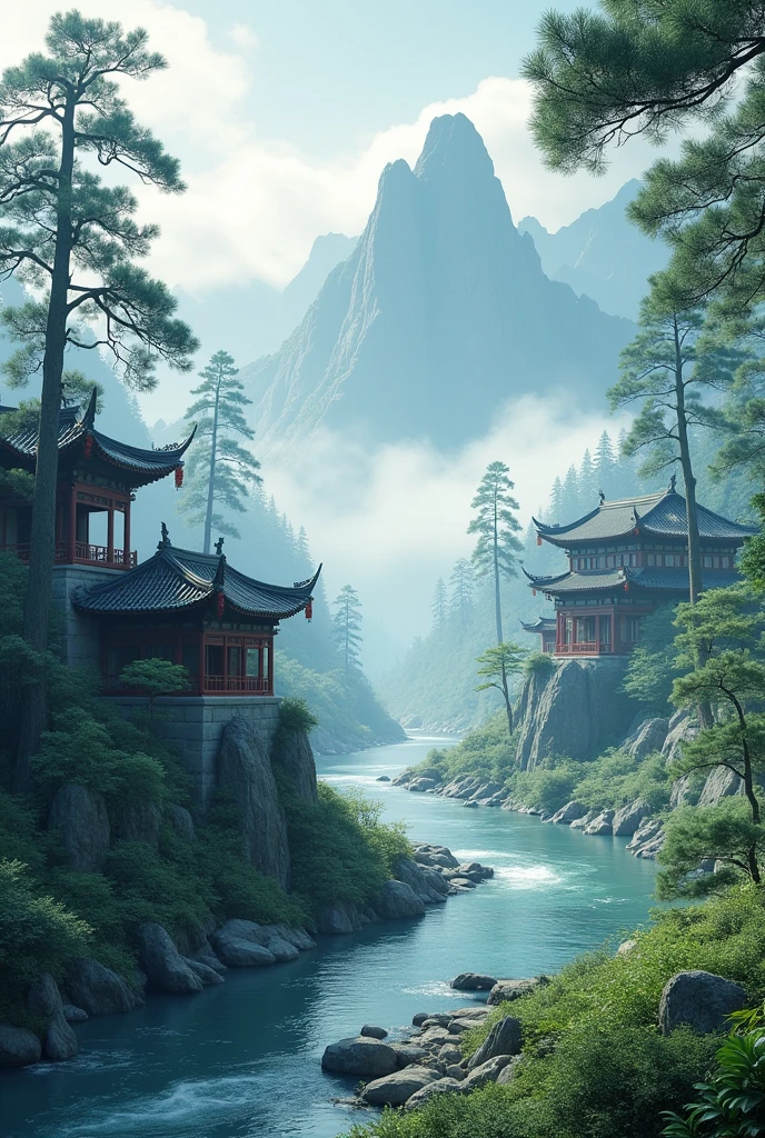 Generates only a realistic image background, surrounded by tall pines and a river flowing nearby, with misty mountains and lush vegetation in the background.
(Chinese style architecture),(china architecture),(raw photo:1.2), (photorealistic:1.4), absurdities, incredibly absurdities, huge file size , ultra detailed, High resolution, extremely detailed,Best Quality ,masterpiece, illustration, an extremely delicate and beautiful, extremely detailed ,CG ,unit ,8K Wallpaper, Amazing, finely detail, masterpiece,Best Quality, pureerosface_v1,ulzzang-6500-v1.1,